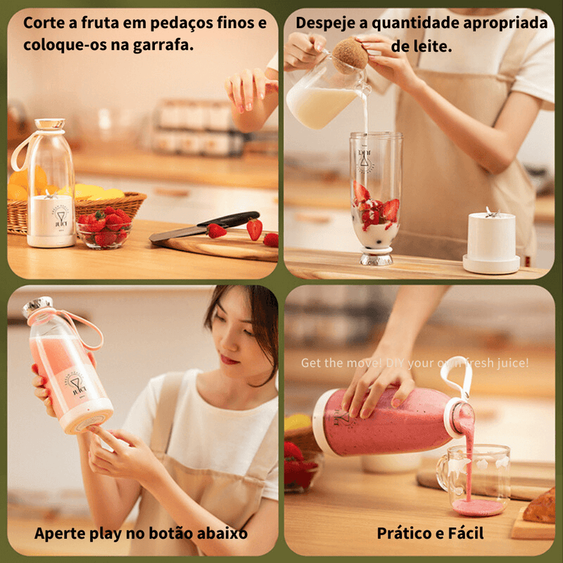 Revolucione sua rotina de saúde com nosso Mini Liquidificador Portátil Recarregável! Transforme frutas, vegetais e suplementos em deliciosos shakes e sucos onde quer que esteja.