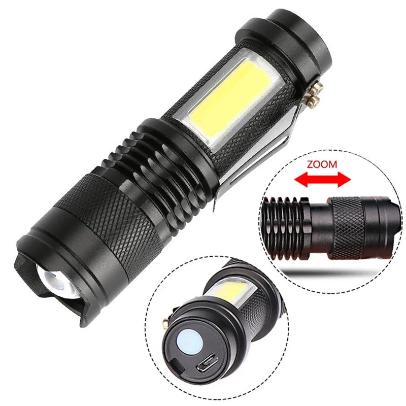 COB Mini Zoom Strong Light Flashlight Q5 Outdoor Waterproof,Strong Light Torch Mini Multifunctional Aluminium Alloy Flashlight